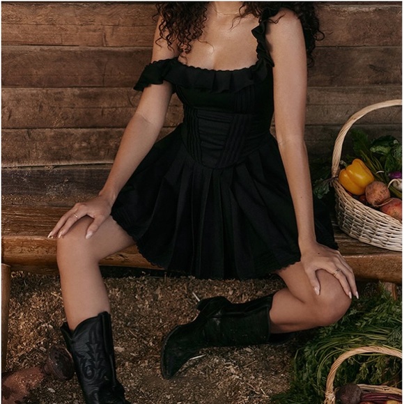 Commense Women's Square Neck Mini Corset Black Dress Short Ruffle Sleeve size S - Picture 6 of 12